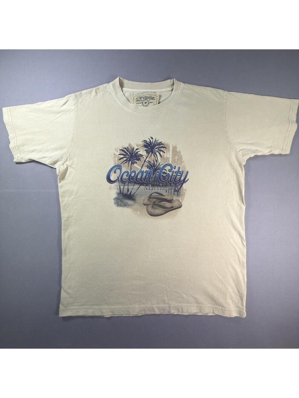 VTG Ocean City Maryland Palm Tree Graphic T Shirt Cream Beach Souvenir Mens M